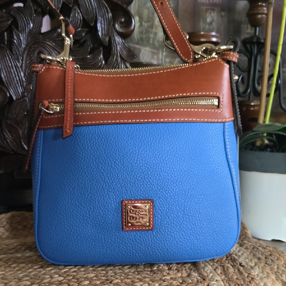 Dooney & Bourke Blue Pebbled Leather Crossbody with Brown Trim